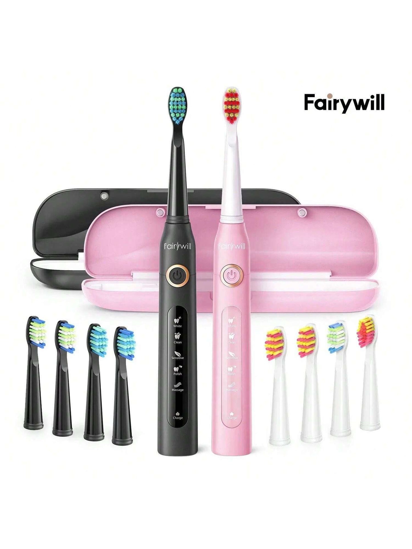 HOMM Ultrasonic Electric Toothbrush With 5 Modes , Dual Pack Sonic Rechargeable Toothbrush For Adults With 8 Heads & 2 Travel Cases , Smart Timer , Fast Charger For 30 Days , Black & Pink