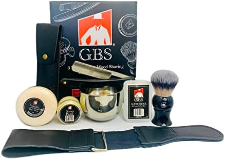 G.B.S Men’s Wet Shaving Kit Shaving Stainless Steel Razor Wood Handle with Case Synthetic Badger Hair Brush All-Natural Shave Soap Chrome Shaving Bowl Leather Strop Alum Block
