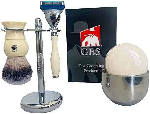 G.B.S Ultimate Wet Shaving kit for Men- 5 Blade Compatible Razor, 5 Blade, Badger Brush, Stainless Steel Shaving Bowl and Dual Stand for Razor and Shaving Brush, Ivory