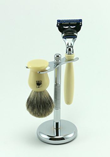 G.B.S Men’s Premium Faux Ivory Grooming Gift Set, Ivory 5 Blade Compatible Razor, Badger Brush with Ivory Handle, Chrome Brush and Razor Stand Shaving Kit for Men
