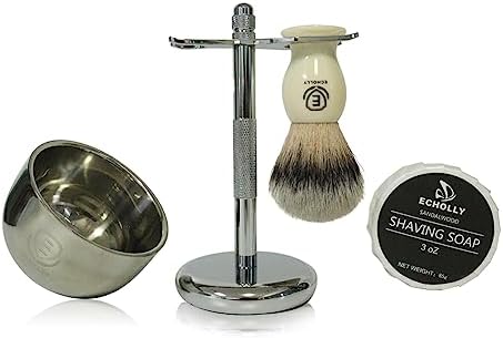 Premium Shaving Brush Kit-4 in 1 Shaving Brush Set for Men Includes Shaving Brush,Shaving Cream Soap,Stainless Steel Bowl and Safety Shaving Stand for Mens Shaving Gift Set (Ivroy White)
