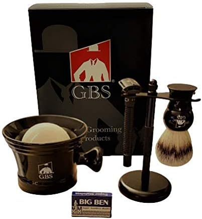 G.B.S Men's Grooming Set - Double Edge Safety Razor Rubber Coated Butterfly Non-Slip Long Razor, All-Natural Soap, Synthetic Brush Stand, Ceramic Mug, Includes 15 DE Blades