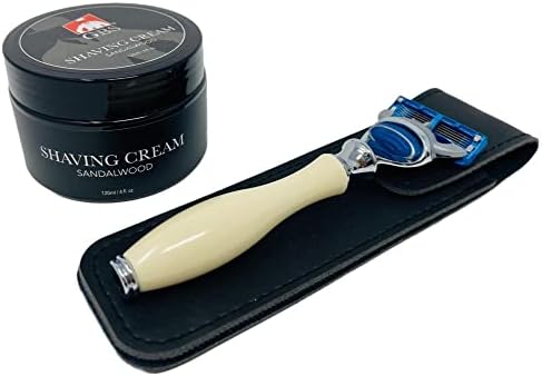 G.B.S Men's Shaving Set for a smooth shave, 5 Blade Razor with Faux Ivory Handle Leather Case and Sandalwood Shaving Cream