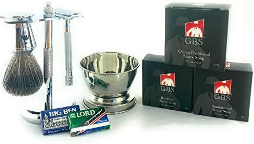 G.B.S Men's Grooming Kit DE Safety Razor "MK 23" Badger Brush, Chrome Brush And Razor Stand, Chrome Bowl, 3 Natural Shave Soaps Includes Double Edge Blades|