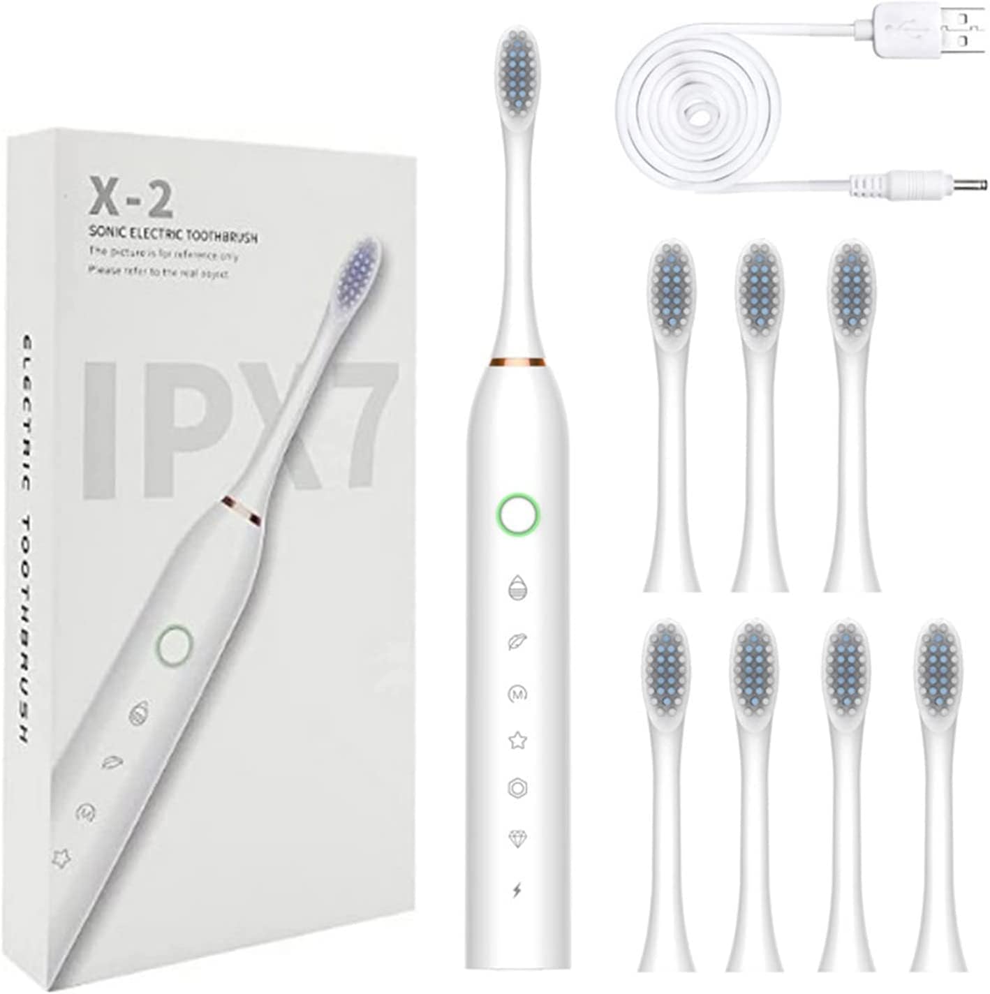 Mosunx Electric Toothbrush, Automatic USB Rechargeable Electric Toothbrush Smart 6-Speed Timer IPX7 Waterproof Travel Toothbrush with 8-Replaceable Tooth Brush Heads White 1.0 Count