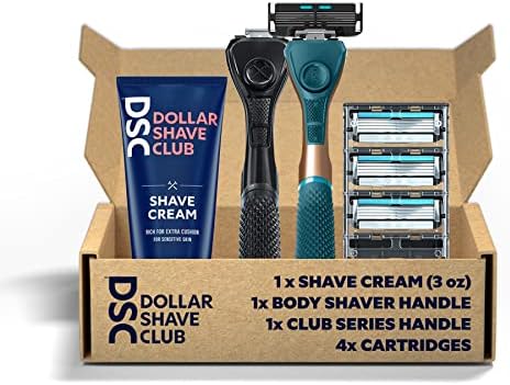 Dollar Shave Club Full Body Shaving Kit with Diamond Grip Club Series Razor Handle, No Slip Body Shaving Handle, 4-Blade Razor Refill Cartridges, and Shave Cream 3oz. Razors for Men & Women