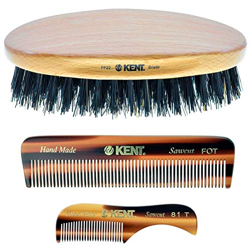 Kent Set of Combs - 81T Beard and Mustache Comb, FOT Pocket Comb, and PF22 Hair Brush - Best Beard and Mustache Grooming Kit, Travel and Home Beard Care Kit