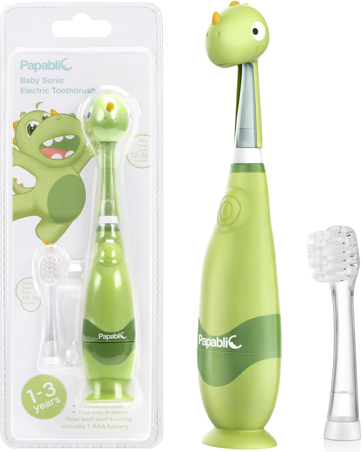 Papablic Toddler Sonic Electric Toothbrush for Ages 1-3 Years, Baby Electric Toothbrush with Cute Dino Cover and Smart LED Timer, 2 Brush Heads (Max)