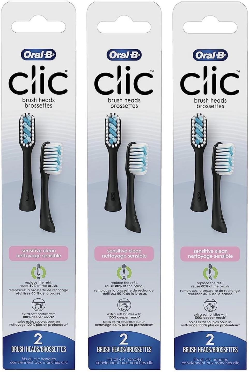 Oral-B Clic Toothbrush Sensitive Clean Replacement Brush Heads, Black, 2 Count (Pack of 3)