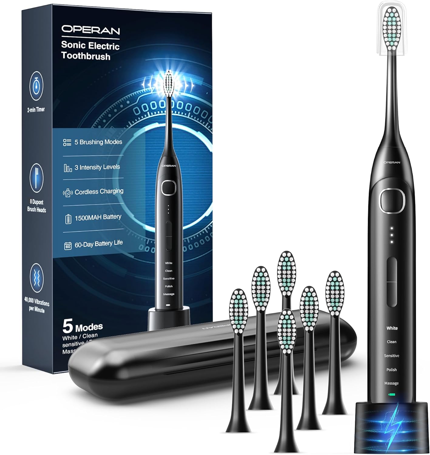 Operan Electric Toothbrush for Adults and Kids Rechargeable Sonic Toothbrush with 5 Modes 2-Min Smart Timer IPX7 Waterproof 40,000 VPM Motor with 8 Brush Heads & Travel Case (Black)