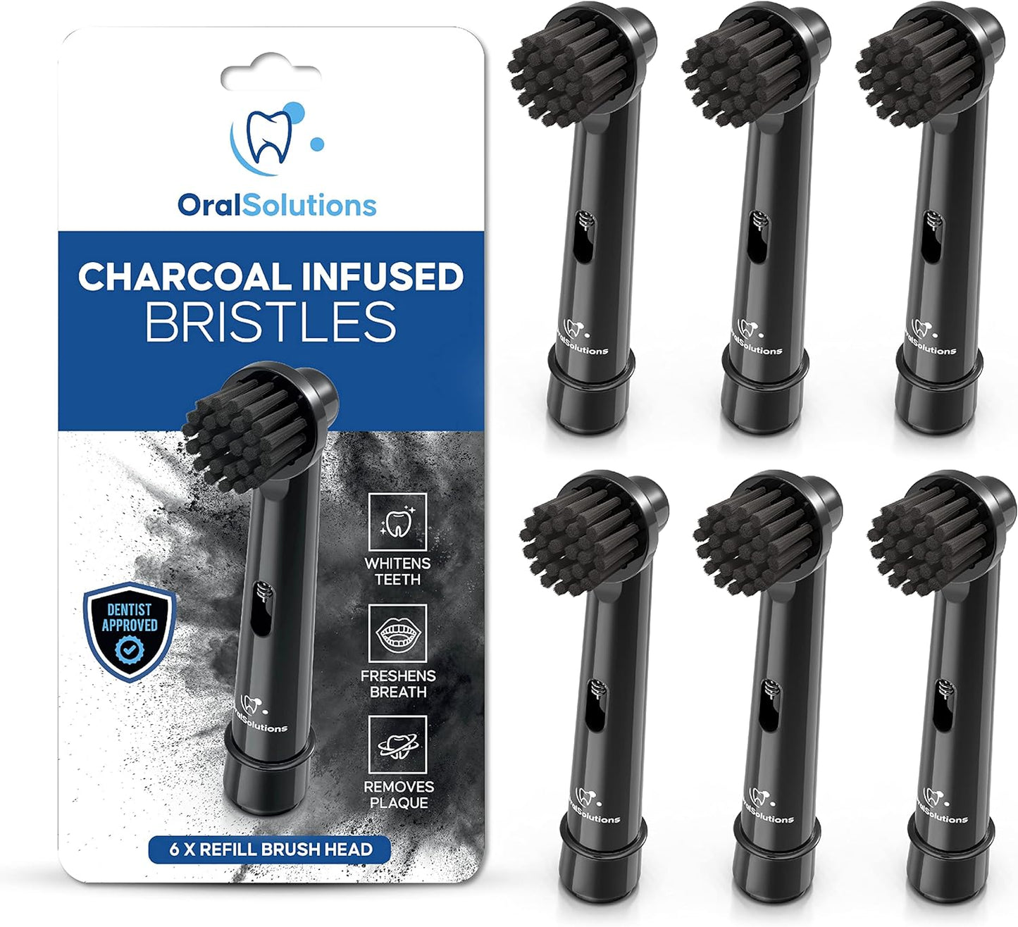 Oral Solutions Electric Toothbrush Replacement Heads - 6-Pack Charcoal Toothbrush Heads Compatible with Most Oral B Toothbrushes - Charcoal Brush for More Effective Teeth Whitening and Plaque Removal