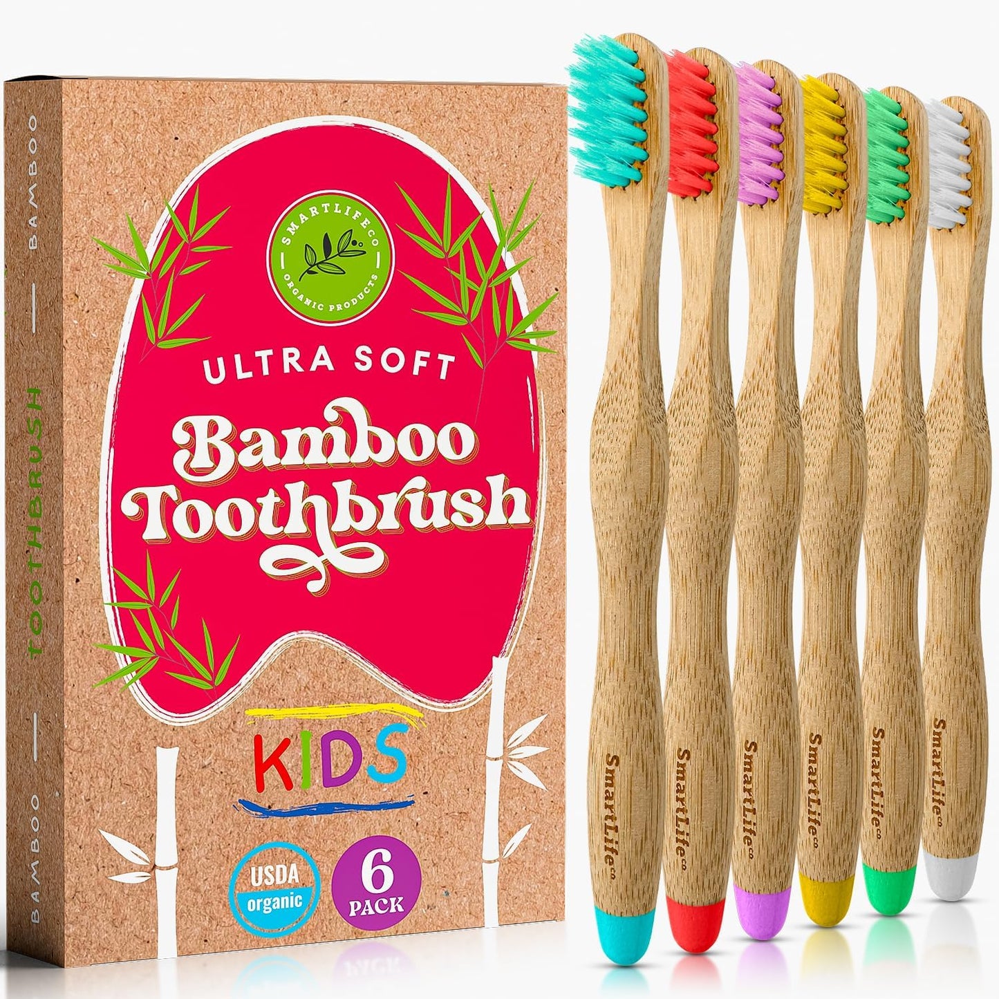 Kids Bamboo Toothbrushes (6 Pack) - Extra Soft Natural Bristles For Kids & Toddlers Teeth | Zero Waste Biodegradable Bulk Wooden Tooth Brush Travel Kit | BPA Free, Eco-Friendly Organic Compostable
