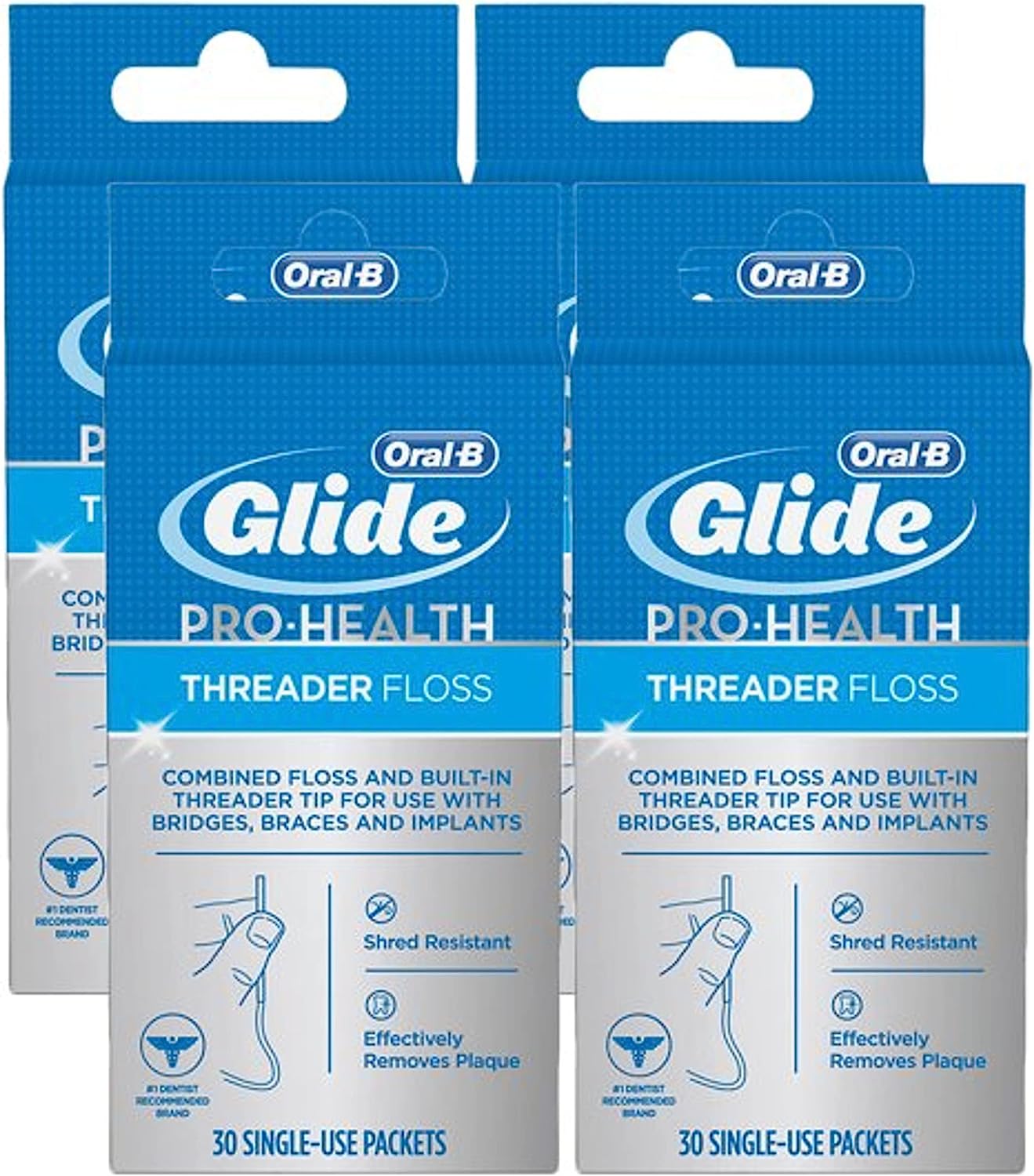 Glide Threader Floss, 30-Count Boxes of Single-Use Packets (Pack of 4)