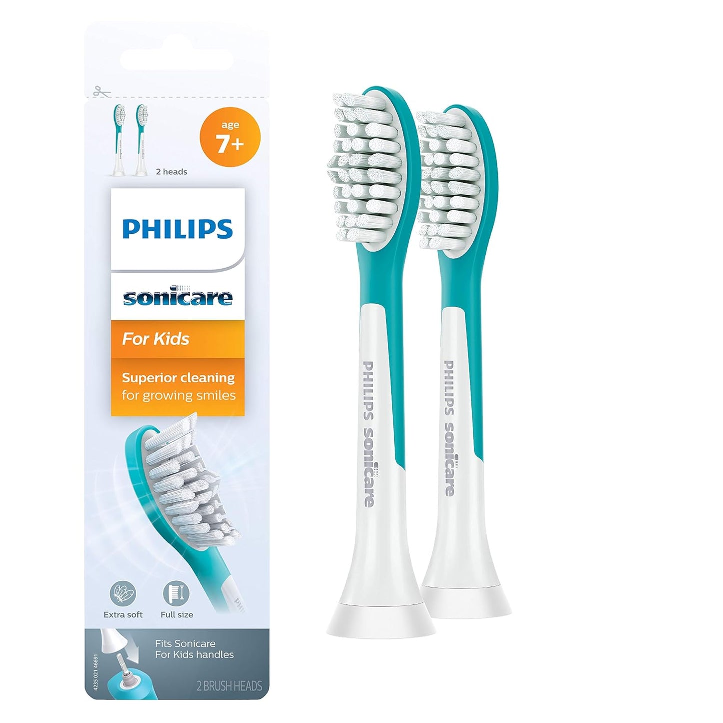 Philips Sonicare for Kids 7+ Genuine Replacement Toothbrush Heads, 2 Brush Heads, Turquoise and White, Standard, HX6042/94
