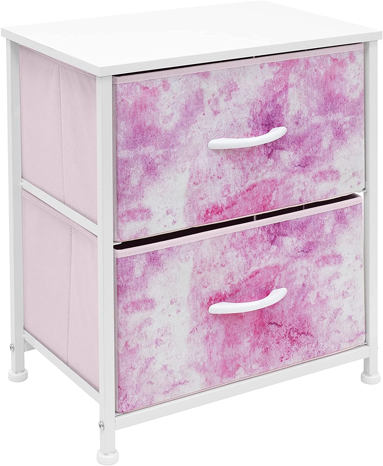 Nightstand Bedside Furniture Easy Pull Fabric Bins (2-Drawer, Pastel Pink)