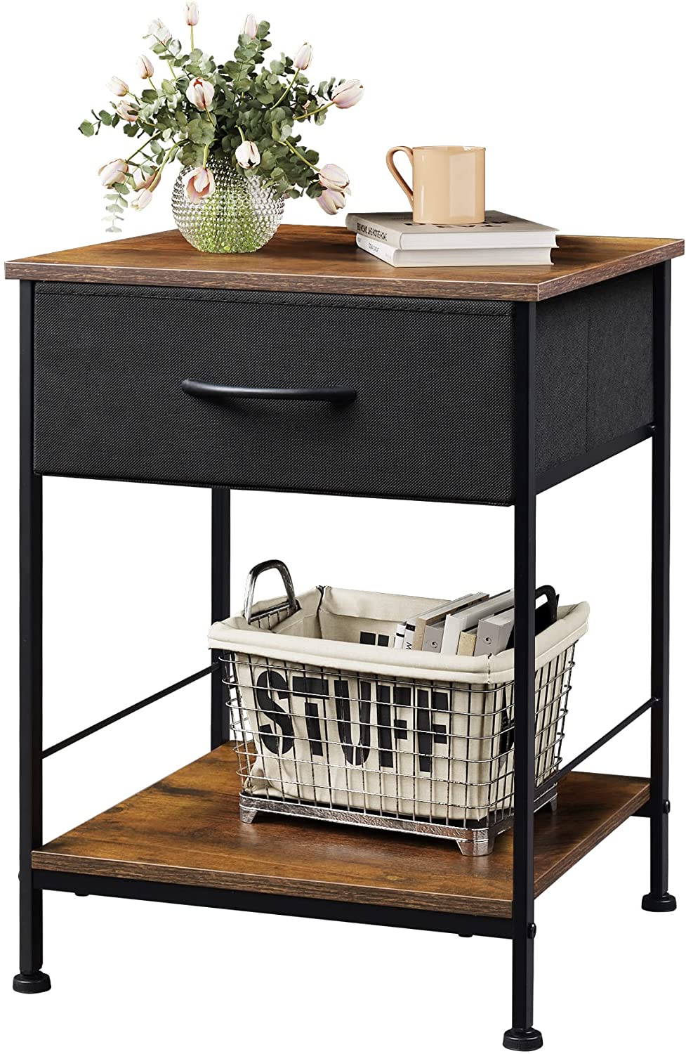 Nightstand Storage Drawer, Open Wood Shelf Black and Rustic Brown