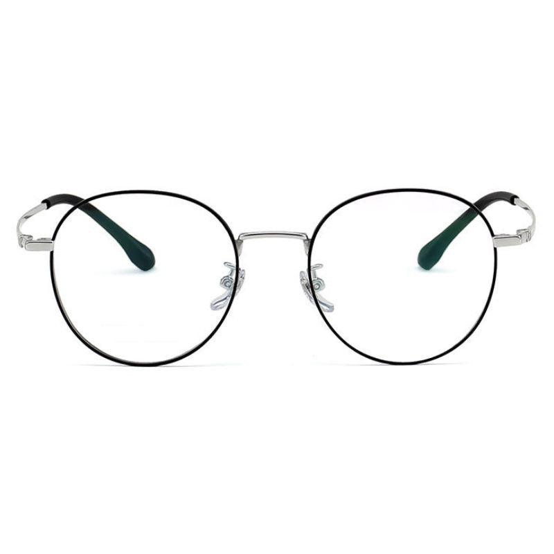 Frontal view of Round vintage glasses frames in black and silver on a white background