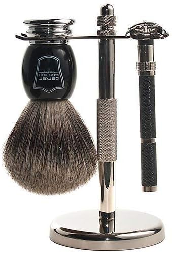 Parker Safety Razor, 96R Men's Safety Razor Shave Set - Includes Parker's Luxurious 3-Band Pure Badger Shave Brush, Deluxe Chrome Shave Stand & Parker's 96R Butterfly Open Safety Razor