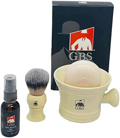 G.B.S Shaving Set for Gentlemen, Premium Men's Grooming, Men Wet Shaving Set, Ceramic Ivory Shaving Soap Bowl with Shaving Brush, Stand and Natural Soap