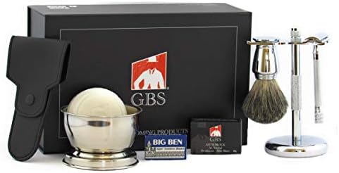 G.B.S Shaving Gift Set, Long Handle Double Edge Safety Razor Alum Block, Chrome Bowl with Natural Shave Soap, Shaving Brush Grooming Kit for Men