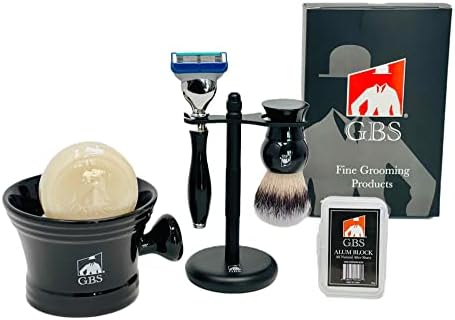 G.B.S Wet Shaving Kit, Black Razor Blade, Black Handle Synthetic Bristle Brush and Mug, Alum Block and Soap