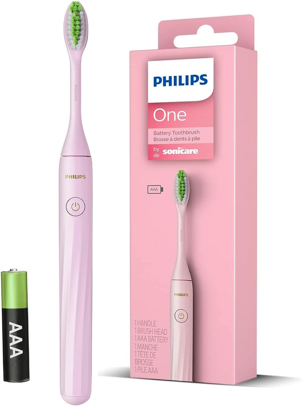 Philips One Electric Toothbrush HY1100/56 (Light Pink) + AAA Battery, Micro Vibrations, Soft bristles That Gently Polish and whiten Teeth