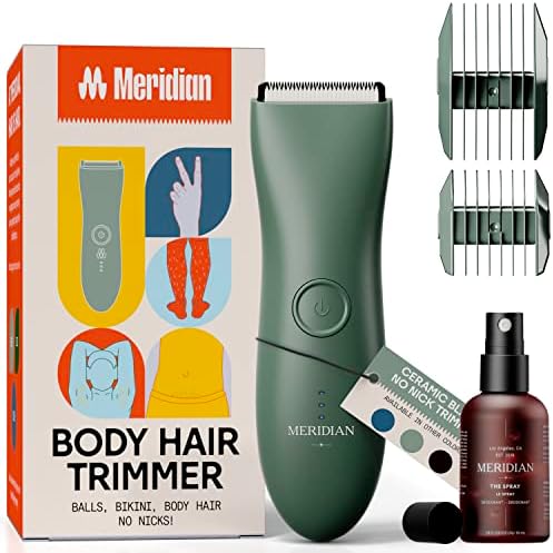 MERIDIAN - The Complete Package: Includes Men’s Waterproof Electric Below-The-Belt Trimmer and The Spray (50 mL) | Features Ceramic Blades and Sensitive Shave Tech (Sage)
