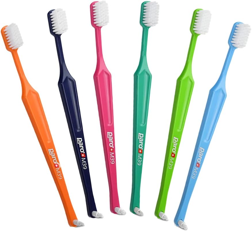 Paro M39 Toothbrush | Extra Sensitive Toothbrush with Medium Bristles and Exchangeable Inter Space F | 5 Rows, 39 Tufts | 6 Pack