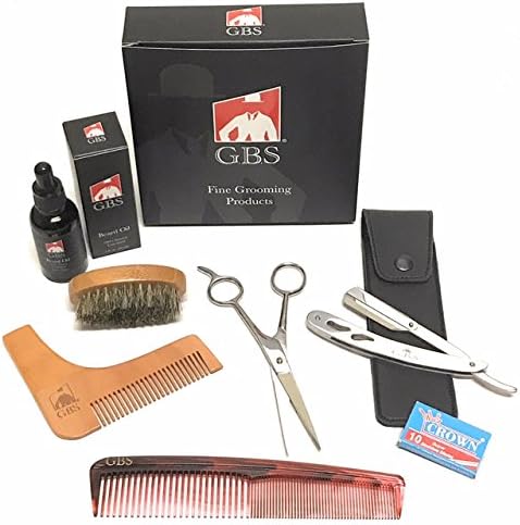 G.B.S Beard Growth Professional Kit– 5.5” Scissors, Beard Oil, Boar Bristle Beard Brush, shavette, 7" Dressing Comb, Leather Case + blades