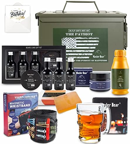 Master Bear Birthday Gifts for Men | 50 Cal Metal Ammo Cans Box Shaving Grooming Set Collection for Him with Happy Bday Card…