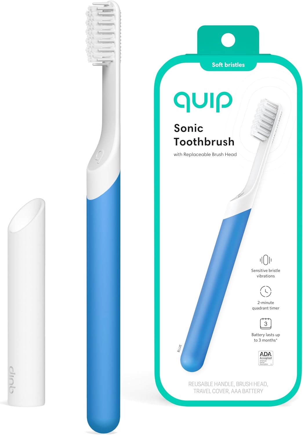 Quip Adult Electric Toothbrush - Sonic Toothbrush with Travel Cover & Mirror Mount, Soft Bristles, Timer, and Plastic Handle - Blue