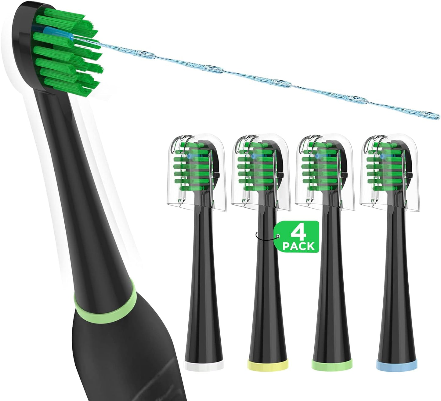 Replacement Toothbrush Heads for Water Pik Sonic Fusion (SF-01 / SF-02 / SF-03 / SF-04), Compact, with Covers, 4 Count, Black