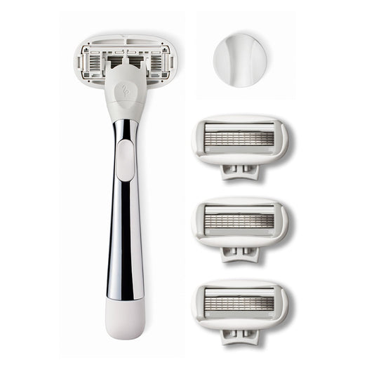 Flamingo 5-Blade Razors for Women - 1 Razor Handle + 4 5-Blade Refills + 1 Shower Holder - Chrome