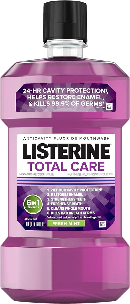 Listerine Total Care Anticavity Fluoride Mouthwash, 6 Benefits in 1 Oral Rinse Helps Kill 99% of Bad Breath Germs, Prevents Cavities, Strengthens Teeth, ADA-Accepted, Fresh Mint, 1 L