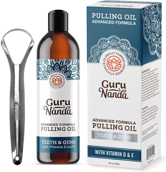 GuruNanda Advanced Oil Pulling with Tongue Scraper - Natural Alcohol Free Mouthwash with Coconut Oil, Vitamins D & E for Healthy Teeth & Gums(8 Fl Oz)