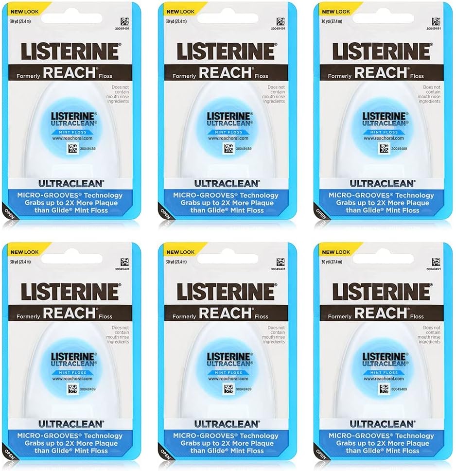 REACH® Listerine Ultraclean Mint Waxed Dental Floss | Dental Floss | PFAS Free | Shred Resistant | Effective Plaque Removal | Mint Flavor | 30yd, 6 Pack