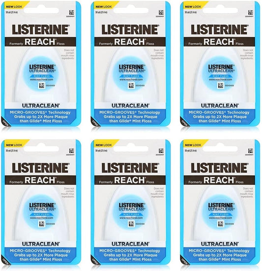 REACH® Listerine Ultraclean Mint Waxed Dental Floss | Dental Floss | PFAS Free | Shred Resistant | Effective Plaque Removal | Mint Flavor | 30yd, 6 Pack