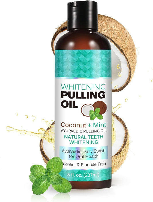 Coconut Mint Pulling Oil Mouthwash, Natural Teeth Whitening, Ayurvedic Daily Swish for Oral Health, Tongue Scraper Included, Alcohol & Fluoride Free, Healthy Gums, Good Breath, 237ml