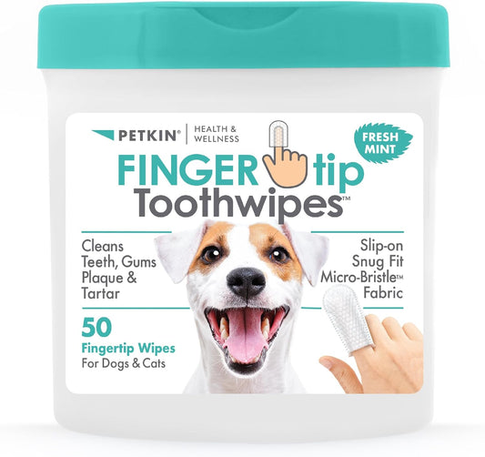 Petkin Fingertip Tooth Wipes for Dogs and Cats, 50 Finger Wipes - Slip-On, Snug Fit, Micro-Bristle Fabric - Cleans Teeth, Gums, Plaque & Tartar - Convenient, Ideal for Home and Travel - Fresh Mint