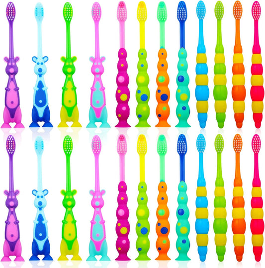Lauwell Toddler Toothbrush Kids Manual Toothbrush Individually Wrapped Toothbrushes with Covers Suction Cup Toothbrush Lovely Soft Bristle Animal Toothbrush for Kids Sensitive Teeth (24 Pieces)