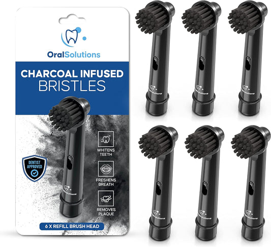 Oral Solutions Electric Toothbrush Replacement Heads - 6-Pack Charcoal Toothbrush Heads Compatible with Most Oral B Toothbrushes - Charcoal Brush for More Effective Teeth Whitening and Plaque Removal