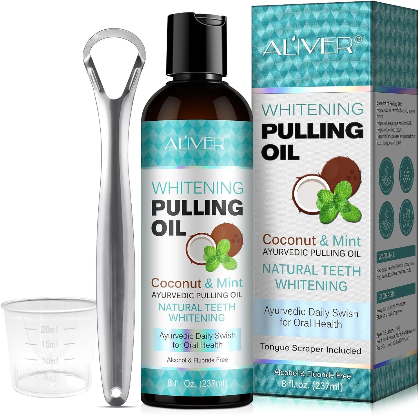Pulling Oil-with Coconut & Peppermint Oil-Mouthwash for Oral Care-NaturalTeeth Whitening and Fresh Breath, Organic Essential Oils Mouthwash with Tongue Scraper Alcohol-Free, Treatment for Gums-8 Fl.Oz
