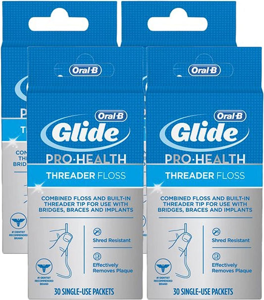 Glide Threader Floss, 30-Count Boxes of Single-Use Packets (Pack of 4)