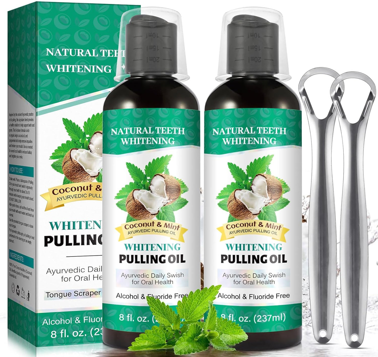 Oil Pulling 8 Fl.Oz (2 Pack), Coconut & Mint Pulling Oil Mouthwash for Fresh Breath & Clean Mouth, Alcohol-Free with Tongue Scraper Include for Adult