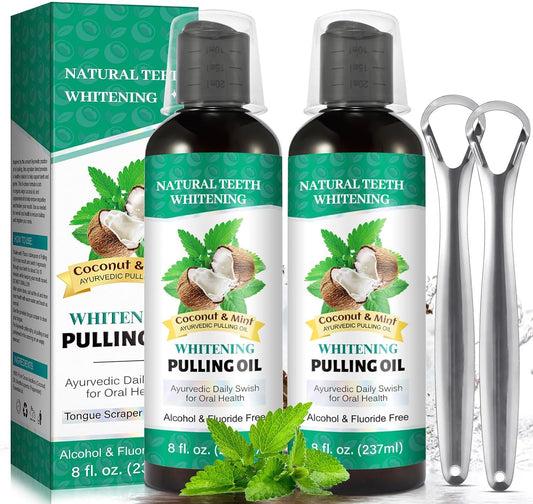 Oil Pulling 8 Fl.Oz (2 Pack), Coconut & Mint Pulling Oil Mouthwash for Fresh Breath & Clean Mouth, Alcohol-Free with Tongue Scraper Include for Adult