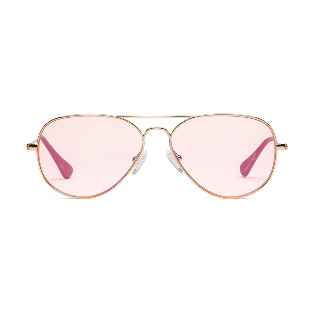 Caddis Mabuhay Reading Glasses in polished gold frame and light rose lenses front view