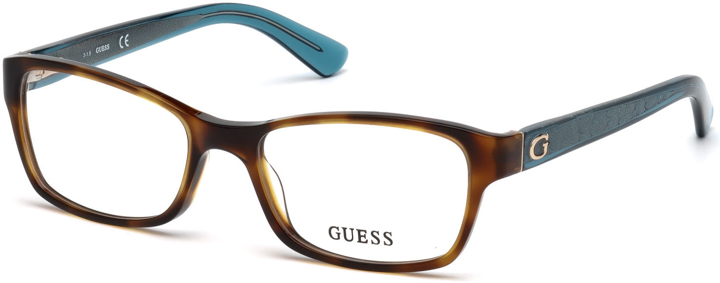 guess 2591 prescription optical eyewear glasses female ladies women plastic acetate basic classic bold traditional rectangular shape easy to wear brown havana tortoise blue teal temples
