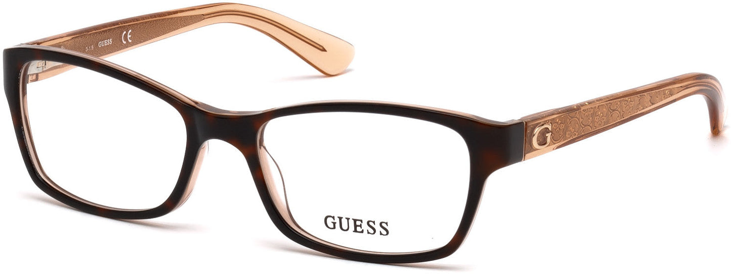 guess 2591 prescription optical eyewear glasses female ladies women plastic acetate basic classic bold traditional rectangular shape easy to wear brown havana tortoise peach pink teal temples