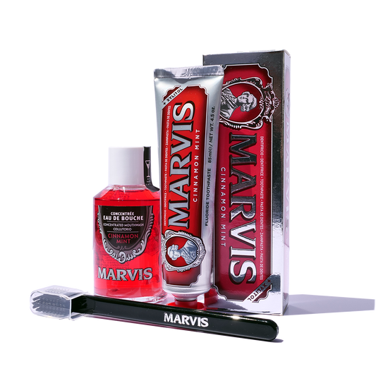 Marvis Cinnamon Mint Bundle with toothpaste, mouthwash and toothbrush