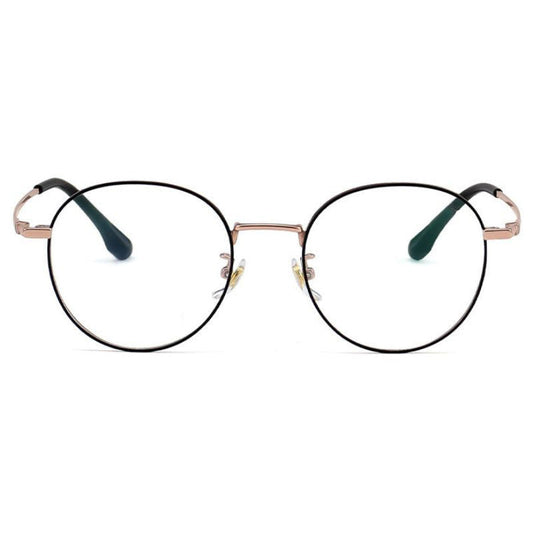 Round vintage glasses frames in black and gold on a white background